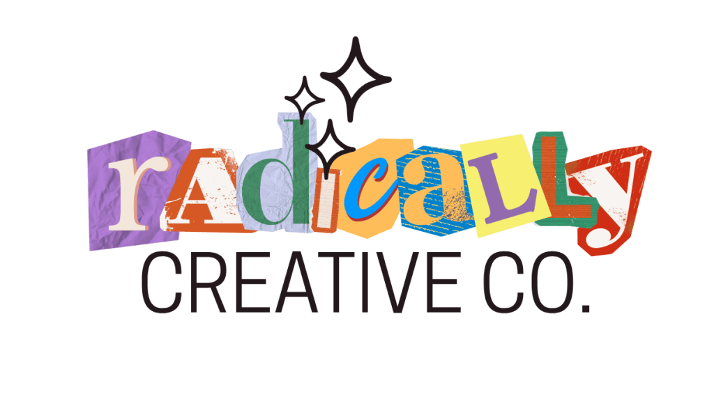 Radically Creative Co. Logo displaying letters in bright colors, similar in style to a magazine collage.